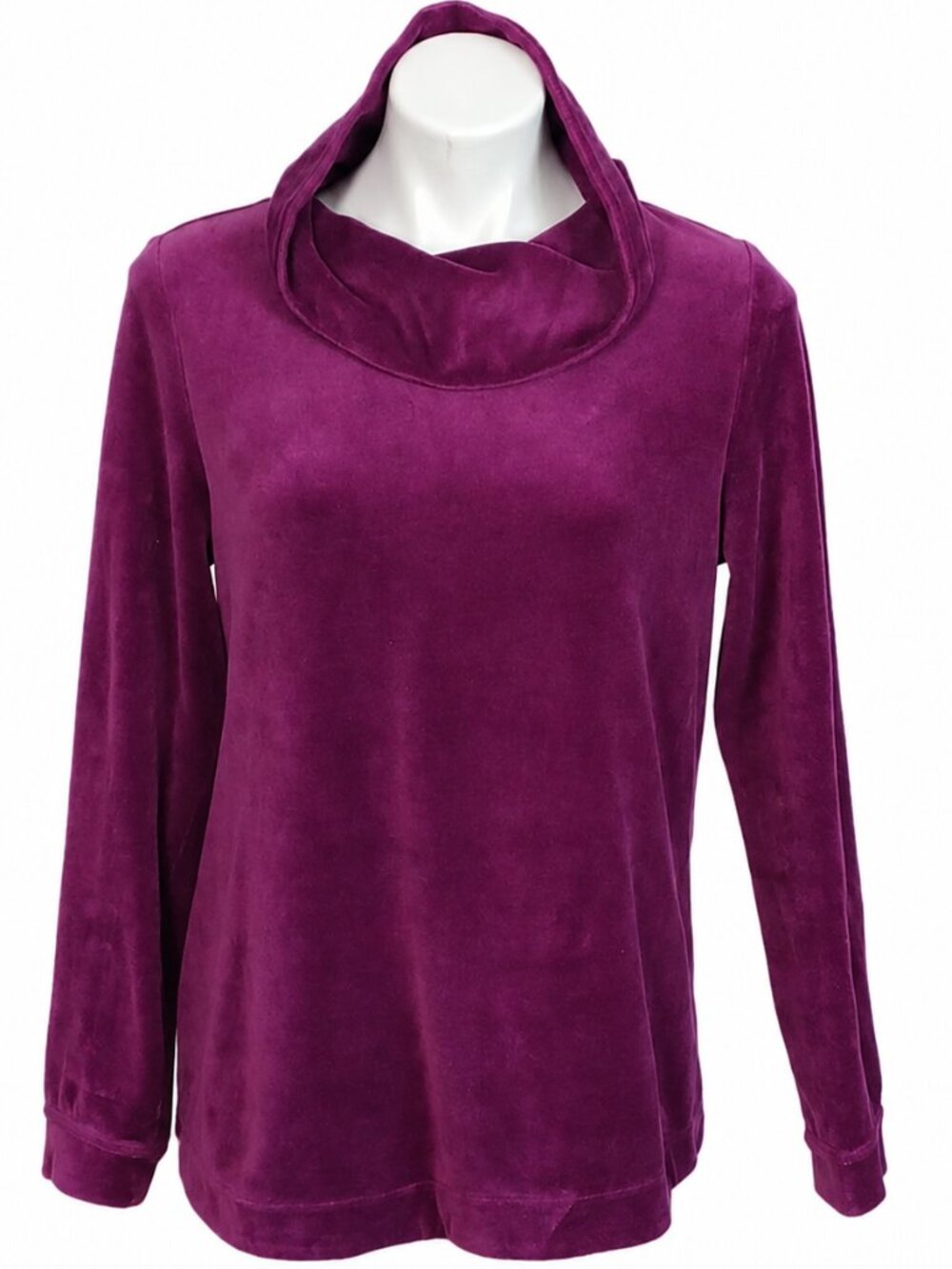 Medium Womens Purple Velour Cowl Neck Long Sleeve Pullover Tunic Top Soft Casual